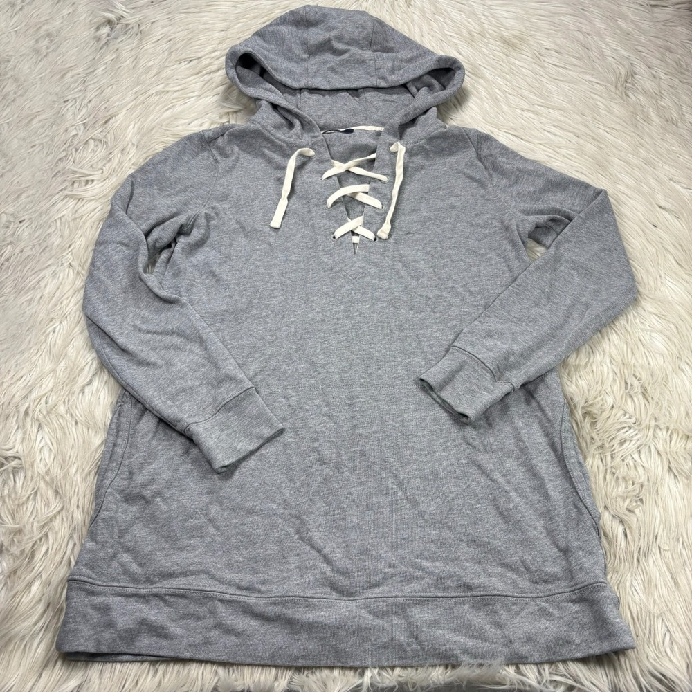 Gap‎ Women's S Gray V-Neck Lace Up Hooded Tunic Top Sweatshirt